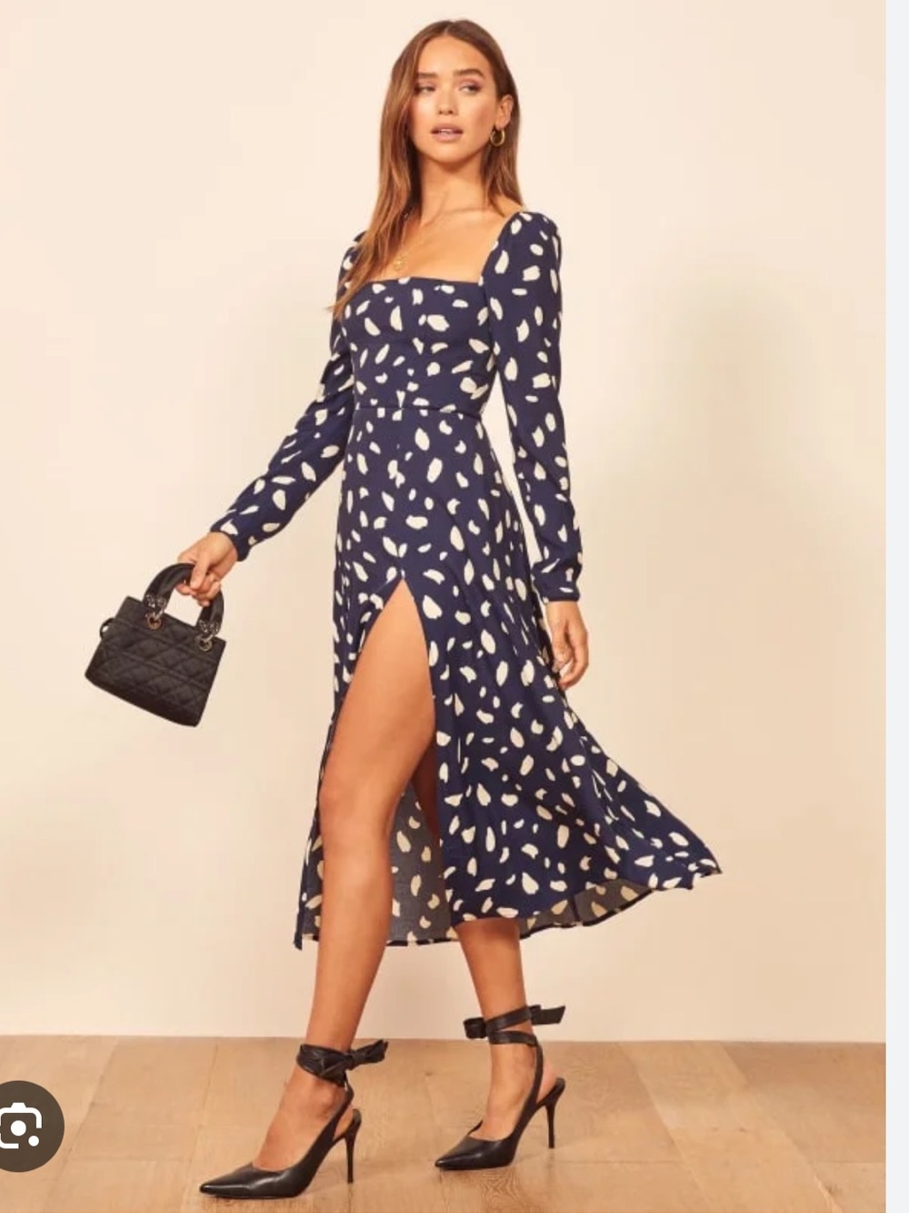 Reformation Navy Polka Dot Midi Dress - Picture 6 of 6